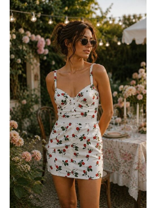 For Love And Lemons Dresses & Skirts - For Love and Lemons White & Red Roses Floral Love Song Mini Dress M Romantic